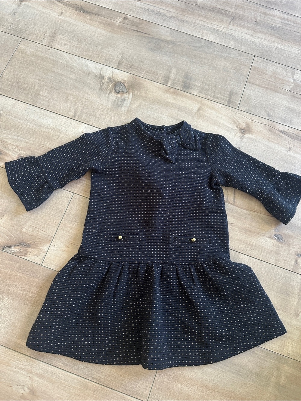 Janie and Jack Dot Polkadot Jacquard Dress Black Gold Bow Girl Sz 2T - Picture 5 of 10